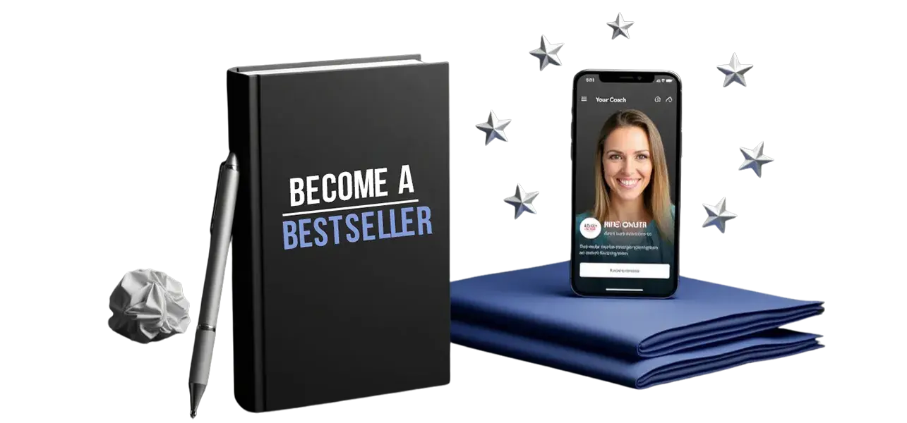 A book titled Become a Bestseller next to a smartphone displaying a coaching session.